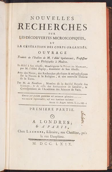 Title page, Nouvelles recherches sur les découvertes microscopiques, et la génération des corps organisé, by Lazzaro Spallanzani,1769 (Linda Hall Library)