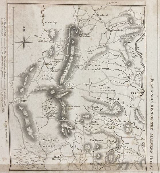 Geological plan and section of the Malvern Hills, engraving accompanying an article by Leonard Horner, “On the mineralogy of the Malvern Hills,” Transactions of the Geological Society of London, vol. 1, 1811 (Linda Hall Library)