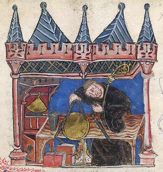 Richard of Wallingford, Abbot of St. Albans, constructing an astronomical instrument, illumination, MS Cotton Claud. E. iv, fol. 201r, 14th-century, British Museum (Wikimedia commons)