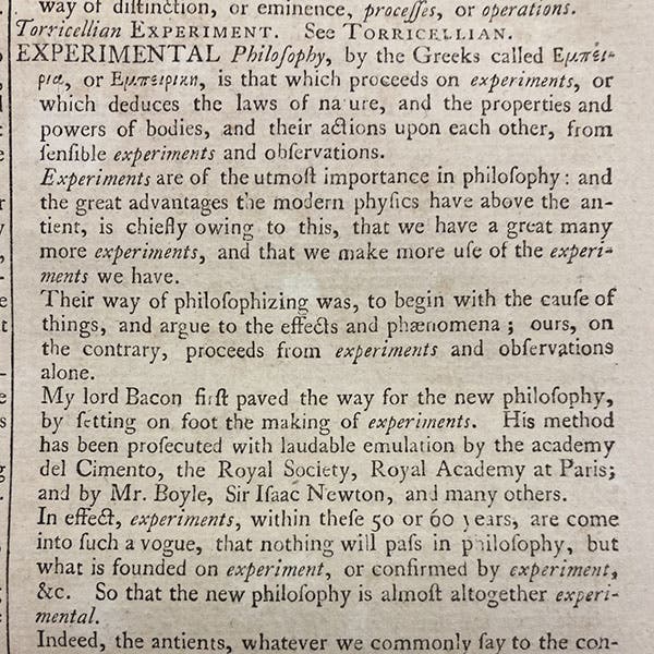 Beginning of entry on “Experimental Philosophy,” Cyclopædia, or, an Universal Dictionary of Arts and Sciences, by Ephraim Chambers, 7th ed., vol. 1, 1751-52 (Linda Hall Library)