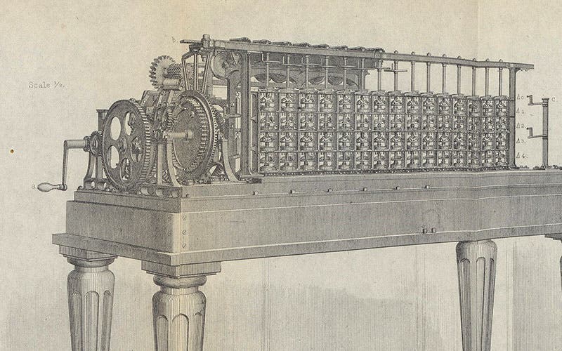 Scheutz difference engine no. 2 at the Dudley Observatory, detail of engraving, Annals of the Dudley Observatory, vol. 1, p. 118, 1866 (Linda Hall Libay)