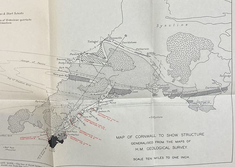 Detail of geological map of Cornwall, with the Lizard Peninsula at far left in black, accompanying paper by Eileen M. Lind Hendriks, in Quarterly Journal of the Geological Society of London, vol. 93, plate 22 (Linda Hall Library)