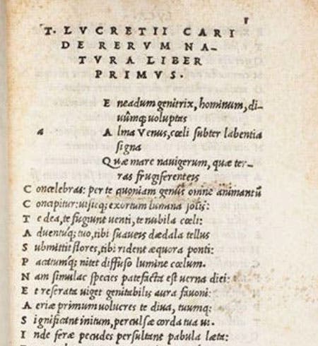 The first page of text in the Aldine octavo edition of Lucretius, De rerum naturae, 1515, showing the italic type that Aldus invented (The Linda Hall)