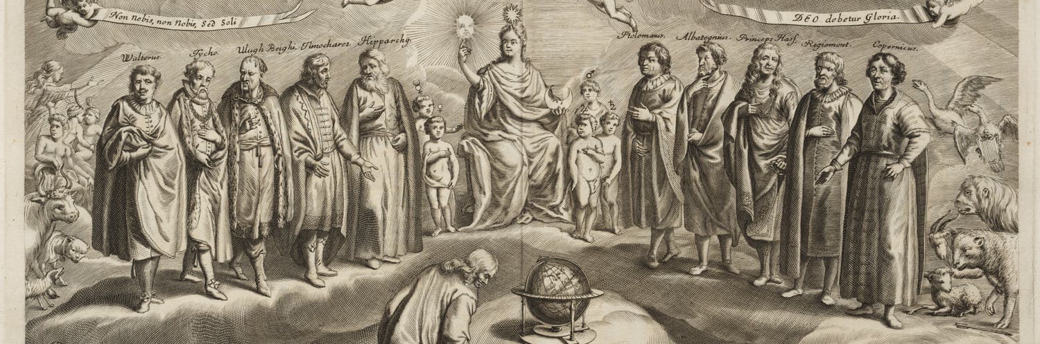 Pictured, from left to right, Bernhard Walther, Tycho Brahe, Ulugh Beg, Timocharis, Hipparchus, Urania (surrounded by small children, representing the planets), Ptolemy, Albategnius, Wilhelm IV, Johannes Regiomontanus, and Nicolaus Copernicus.