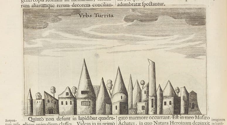 Picture jasper, with an image of a city, text engraving, Athanasius Kircher, Mundus subterraneus, vol. 2, 1665 (Linda Hall Library)