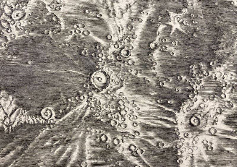 The crater Copernicus in Oceanus Procellarum (Ocean of Storms), just left of center, with crater Kepler at right, detail of "Carte de la lune de Jean Dominique Cassini," drawn by Jean Patigny, 1787 imprint of 1679 engraving, with South at the top (Linda Hall Library)