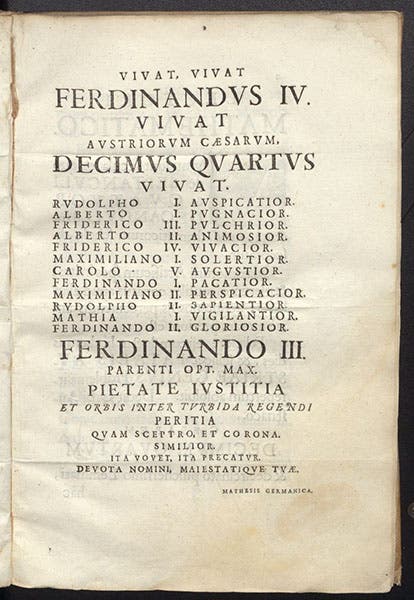 List of the 13 Habsburg emperors, with the 14th, Ferdinand IV, awaiting coronation, Problema Austriacum, by Albert Curtz, 1653 (Linda Hall Library)