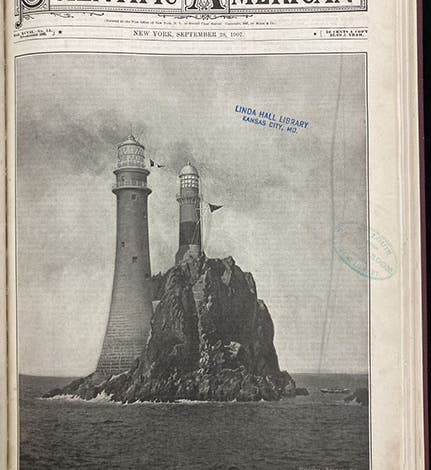 The new Fastnet Rock Lighthouse in place, with the old one behind it not yet dismantled, cover photograph, Scientific American, Sep. 28, 1907, vol. 97, no. 13, p. 217 (Linda Hall Library)