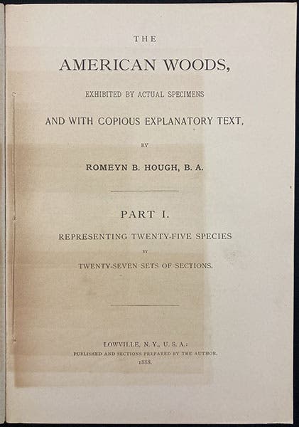 Title page, The American Woods, Exhibited by Actual Specimens and with Copious Explanatory Text, by Romeyn Beck Hough, vol. 1, 1888 (The Linda Hall)