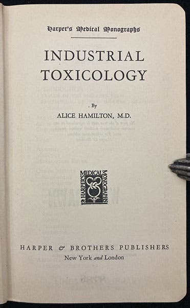 Title page, Industrial Toxicology, by Alice Hamilton, 2nd ed., ca 1934 (Linda Hall Library)