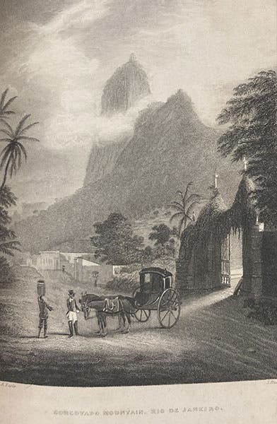 Mount Corcovado in Rio de Janeiro, etching after a drawing by Augustus Earle, in Narrative of the Surveying Voyages of His Majesty's Ships Adventure and Beagle, between the Years 1826 and 1836, by Robert FitzRoy, vol. 1, p. 188, 1839 (Linda Hall Library)