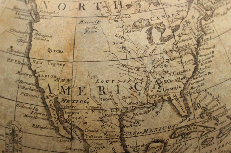 Detail of United States on an 1811 Wilson globe, Silver Special Collections, University of Vermont, Burlington Free Press photograph (burlingtonfreepress.com)