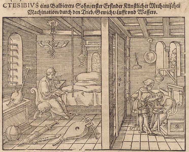 Ctesibius discovering the pinciples of pneumatics, woodcut, Bawkunst, oder, Architectur, by Walther Hermann Ryff, 3rd ed., p. 392, 1582 (The Linda Hall)