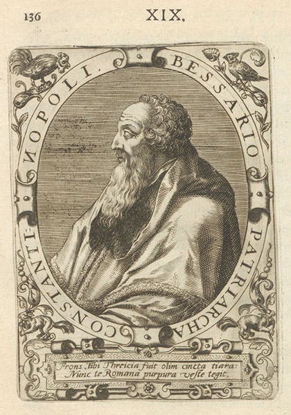 Portrait of “Bessario Patriarcha”, engraving by Theodor de Bry, in Icones quinquaginta virorum illustrium, by Jean Jacques Boissard, vol. 1, p. 136, no. 19, 1597-99 (Linda Hall Library)
