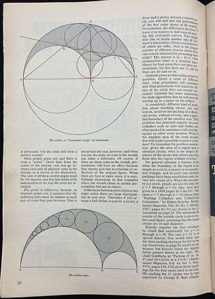 Two diagrams of an arbleos, “The diverse pleasures of circles that are tangent to one another,” by Martin Gardner, Scientific American, January 1979, p. 20 (author’s collection)