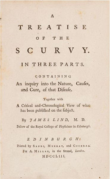 Title page, A Treatise of the Scurvy, by James Lind, 1753, copy at auction at Bonham’s, 2025 (bonhams.com)