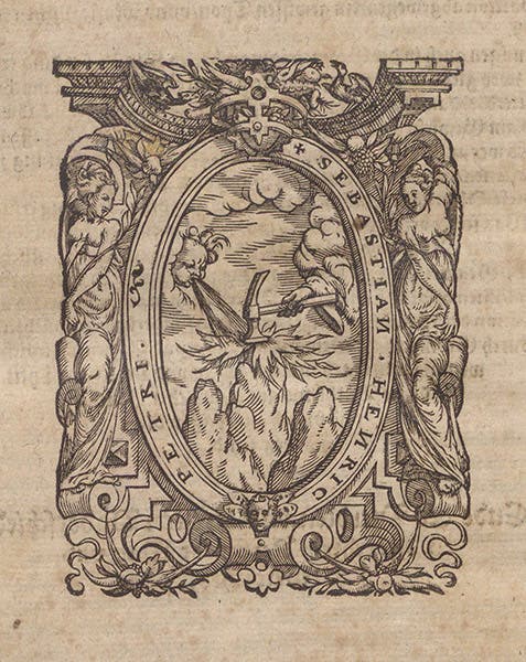 Printer’s mark for Sebastian Henricpetri, woodcut, Bawkunst, oder, Architectur, by Walther Hermann Ryff, 3rd ed., last page, 1582 (The Linda Hall)