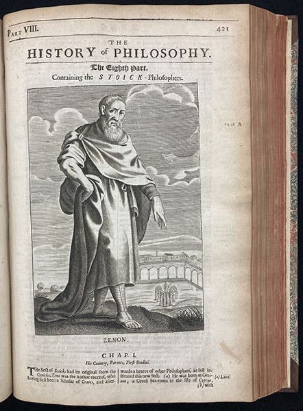 Zeno the Stoic (Zeno of Citium), imagined portrait, engraving by William Faithorne, A History of Philosophy, by Thomas Stanley, 2nd ed., p. 421, 1687 (The Linda Hall)
