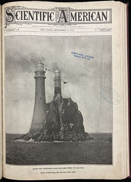 The new Fastnet Rock Lighthouse in place, with the old one behind it not yet dismantled, cover photograph, Scientific American, Sep. 28, 1907, vol. 97, no. 13, p. 217 (Linda Hall Library)