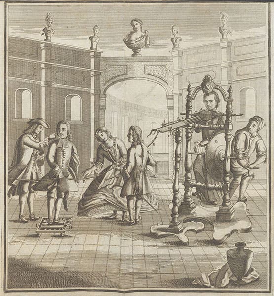 Volunteers joined in a circle to an electrical generator, with Maria Angela Ardinghelli at the center of the circle and Giovanni Maria della Torre operating the generator, engraved plate 1, Tentamina de causa electricitatis, by Peter Johann Windler, 1747 (Linda Hall Library)