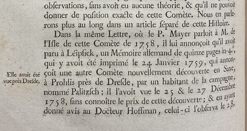 Paragraph from a long article on the recovery of Halley’s Comet, mentioning Palitzsch (“a country-dweller”) by name and his discovery date of Dec. 25, 1758, Histoire de L’Academie Royale des Sciences, p. 142, for the year 1759 (Linda Hall Library)