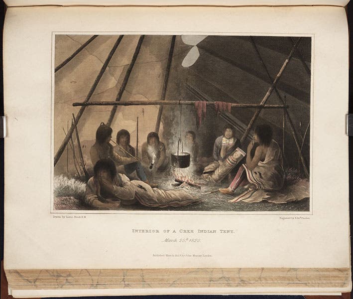 “Interior of a Cree Indian Tent, March 25th, 1820,” hand-colored engraving after a watercolor by Robert Hood, Narrative of a Journey to the Shores of the Polar Sea, in the Years 1819, 20, 21, and 22, by John Franklin, p. 169, 1823 (The Linda Hall)