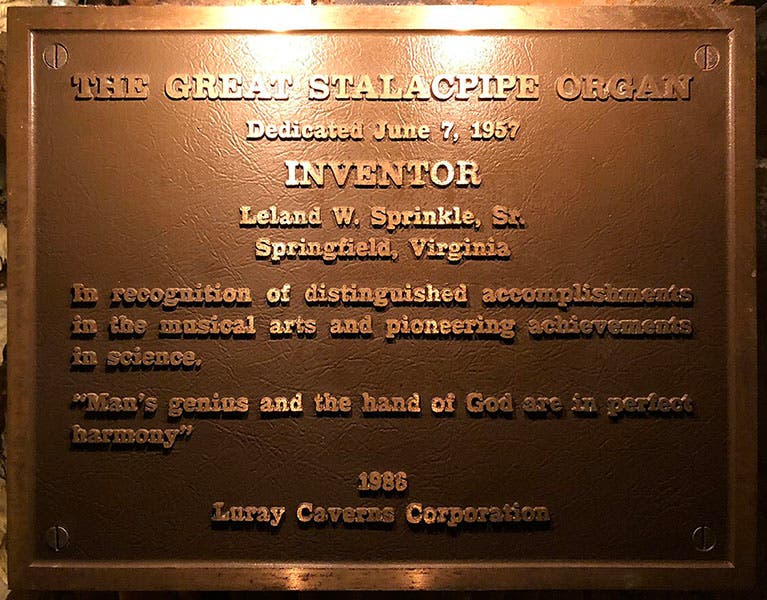 Bronze plaque honoring Leland W. Sprinkle, Luray Caverns, Virginia (Wikimedia commons)