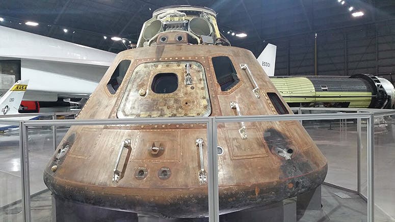 What remains of the command module Endeavour of Apollo 15, now on display at the National Museum of the U.S. Air Force, Wright-Patterson Air Force Base, Dayton, Ohio, (Wikimedia commons)