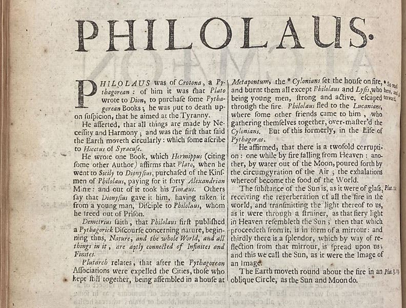 Complete text on Philolaus, a Pythagorean, A History of Philosophy, by Thomas Stanley, 2nd ed., p. 586, 1687 (The Linda Hall)