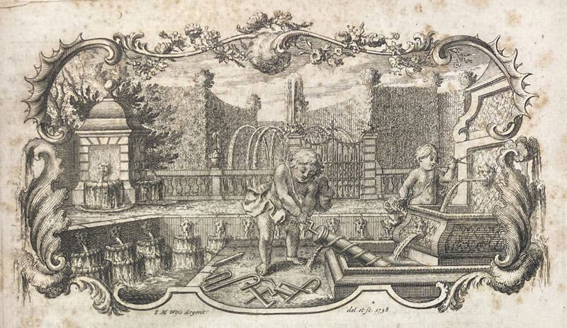 Engraved headpiece, by I. M. Weis, with a putto turning an Archimedes’ screw, Hydrodynamica: sive de viribus et motibus fluidorum commentarii, by Daniel Benoulli, pag, e 11738 (Linda Hall Library)