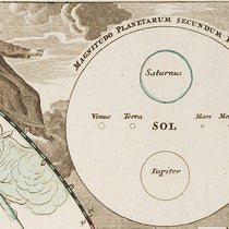 Portrait of Giovanni Battista Riccioli, detail of a star map by Johann Doppelmayr, depicting the relative sizes of the planets, Atlas coelestis, Johann Doppelmayr, plate 3, 1742 (Linda Hall Library)
