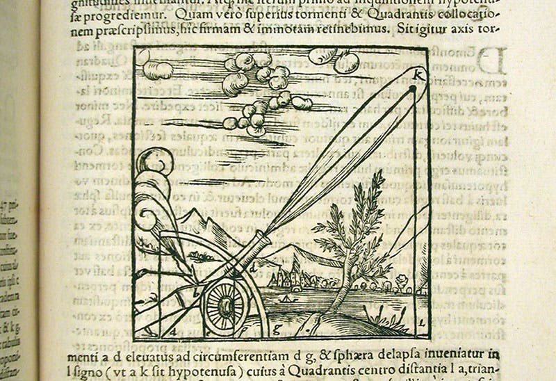 Projectile motion according to the impetus theory of Jean Buridan, with no curved transition, woodcut in Problematum astronomicorum et geometricorum, by Daniel Santbech, 1561 (Linda Hall Library)