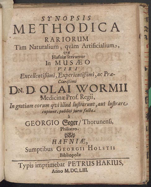 Title page, Synopsis methodica rariorum tàm naturalium, qvàm artificialium, qvæ Hafniæ servantur in Musaeo ... Olai Wormii, by Georg Seger, 1653 (Linda Hall Library)
