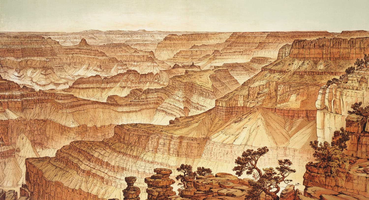 “View from Point Sublime, Looking South,” chromolithograph after drawing by William Henry Holmes, in Tertiary History of the Grand Cañon District, by Clarence Dutton, Atlas, pl. XVI, 1882.