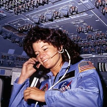 Astronaut Sally Ride aboard Challenger as part of STS-7, June 1983 (Wikimedia commons)