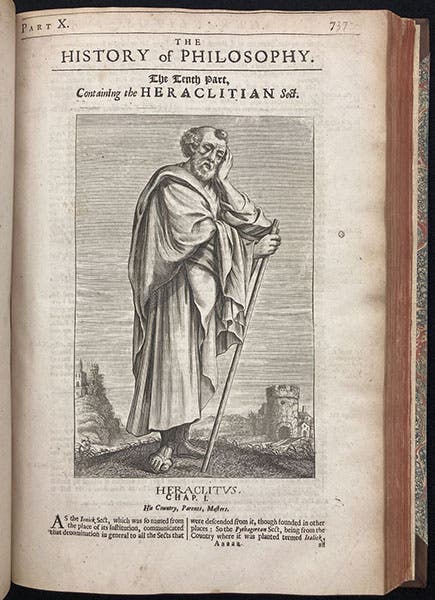 Heraclitus, imagined portrait, engraving by William Faithorne, A History of Philosophy, by Thomas Stanley, 2nd ed., p 737, 1687 (The Linda Hall)