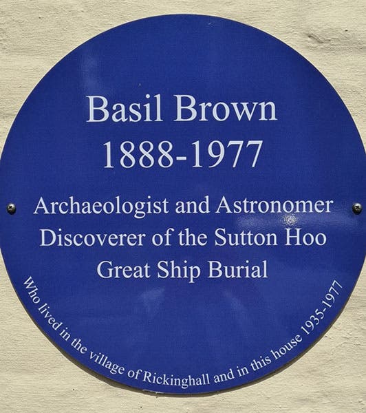 Blue plaque honoring Basil Brown on the house in Rickinghall where he lived for 42 years (mainlymuseums.com)