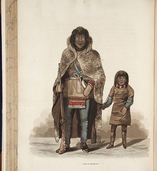 Akaitcho, an Inuit interpreter interpreter, and his son, hand-colored engraving after a watercolor by Robert Hood, Narrative of a Journey to the Shores of the Polar Sea, in the Years 1819, 20, 21, and 22, by John Franklin, p. 203, 1823 (The Linda Hall)