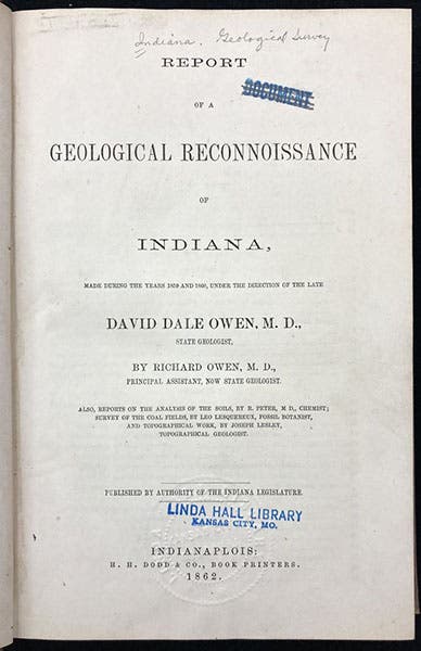 Title page, Report of a Geological Reconnoissance of Indiana, by Richard Owen, 1862 (Linda Hall Library)
