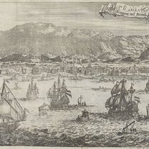 Bandar Abbas, port city, Strait of Hormuz, Persian Gulf, folding etching in Amoenitatem exoticarum, by Engelbert Kaempfer, p. 759, 1712 (The Linda Hall)