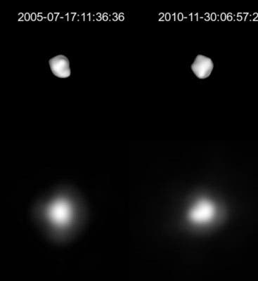 Two images of 5 Astraea, taken in 2005 and 2010, at bottom; top images are an attempt to draw more detail from the photographs (Wikimedia commons)