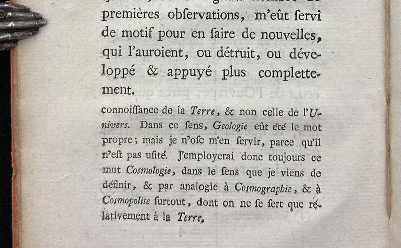 Introduction of the word geologie,” in a footnote in the preface to a separate publication of the first 15 letters to the Queen, Lettres physiques et morales sur l'histoire de la terre et de l'homme, by Jean-André Deluc, 1778 (Linda Hall Library)