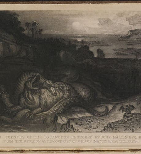 “The Country of the Iguanodon,” mezzotint frontispiece by John Martin, for The Wonders of Geology, by Gideon Mantell, vol. 1, 1838 (Linda Hall Library)