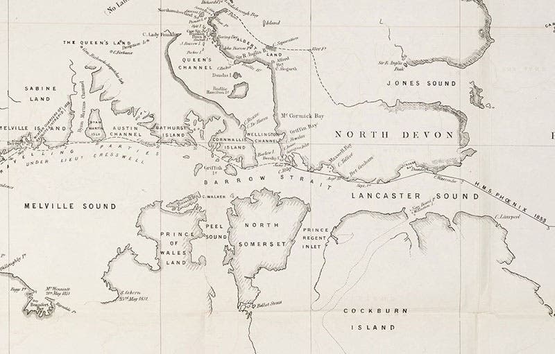 Barrow Strait and Beechey Island, detail of map of a Northwest passage, by Edward Augustus Inglefield, Papers Relative to the Recent Arctic Expeditions in Search of Sir John Franklin and the Crews of H.M.S. “Erebus” and “Terror” (an Arctic Blue Book), bound in at end, 1854 (The Linda Hall)