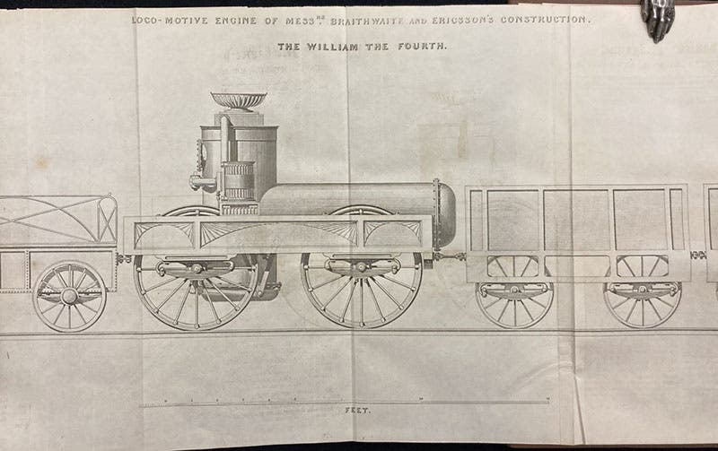 The locomotive Henry the Fourth, built by John Braithwaite and John Ericsson, detail of fold-out engraving, Mechanics' Magazine, Register, Journal, and Gazette, vol. 13, p. 1, 1830 (Linda Hall Library)