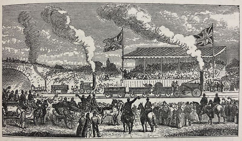 The Rainhill Trials underway on Oct. 7, 1829, a re-imagining, with Novelty at the left on the rear track, wood engraving in Lives of the Engineers, by Samuel Smiles, vol. 5, p. 215, 1877 (Linda Hall Library)