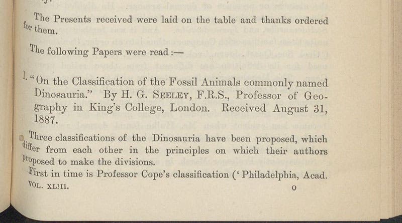 Title and first sentence of a classic paper in dinosaur taxonomy, "On the Classification of the Fossil Animals commonly named Dinosauria,” by Harry Govier Seeley, Proceedings of the Royal Society of London, vol. 43, p. 165, 1888 (Linda Hall Library)
