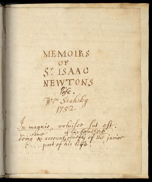 Title page, Memoir of Sir Isaac Newton’s Life, by William Stukeley, manuscript, 1752, Royal Society of London archives (royalsociety.org)