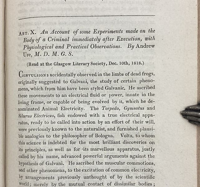 First paragraph of “An account of some experiments made on the body of a criminal immediately after execution, with physiological and practical observations”, by Andrew Ure, Journal of Science and the Arts, vol. 6, p. 283, 1819 (Linda Hall Library)