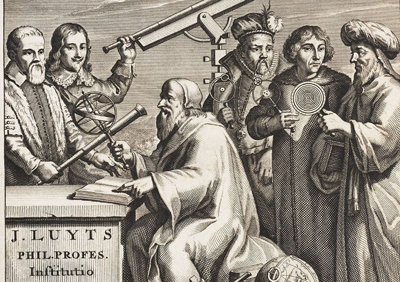 Imagined group portrait: Galileo, Johannes Hevelius, Hipparchus (seated), Tycho Brahe, Copernicus, and Ptolemy, detail of engraved title page, Astronomica institutio, by Jan Luyts, 1692 (The Linda Hall)